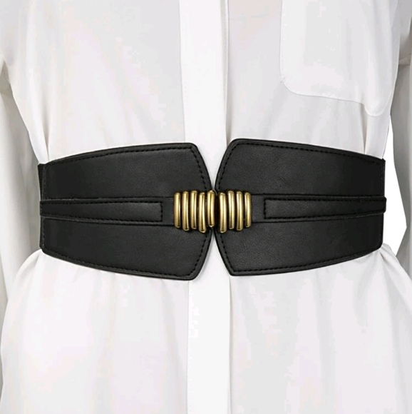 Boutique Accessories - Womens Black Vintage corset boho elastic wide Faux leather gold stick waist belt